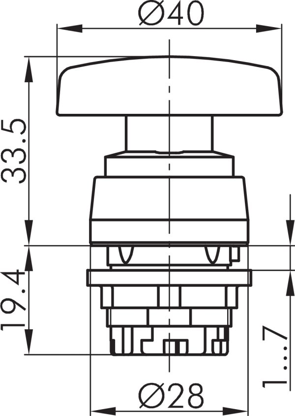 RS RONDEX Round Emergency Stop Head with UL, IP65 Rated RS Dimensional Drawing